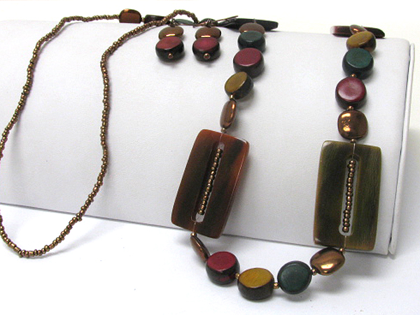 Eco friendly resin and shell disk link long necklace earring set