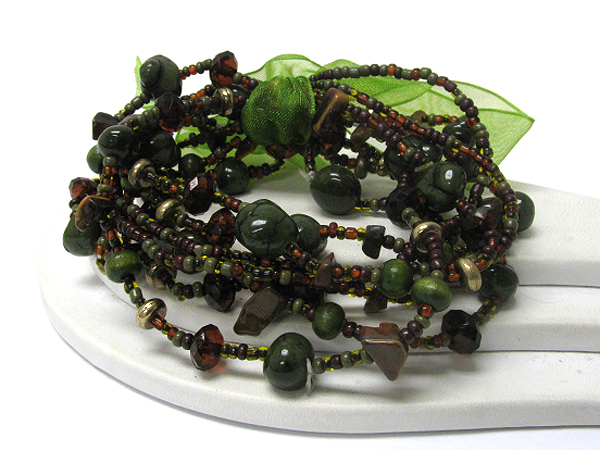 Multi row natural chip stone and glass seed beads ribbon tied stretch bracelet