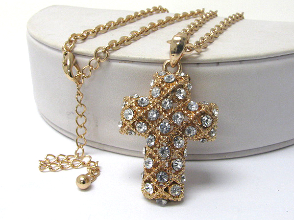 Crystal stud puffy cross pendant long necklace