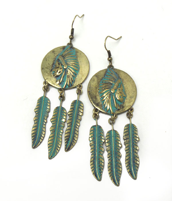 Vintage rustic metal feathers drop earrings