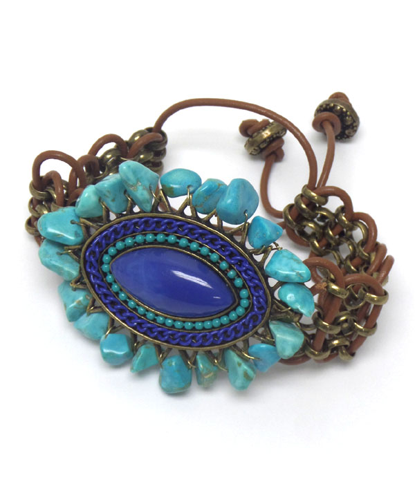 Oval genuine and chip stone border chain and leatherette pull tie bracelet