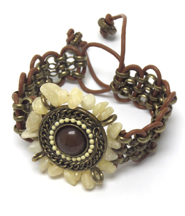 Oval genuine and chip stone border chain and leatherette pull tie bracelet