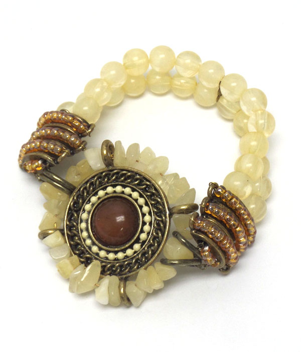 ROUND GENUINE AND CHIP STONE BORDER STRETCH BRACELET