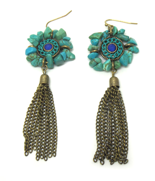 Round genuine and chip stone border and tassel drop earring 