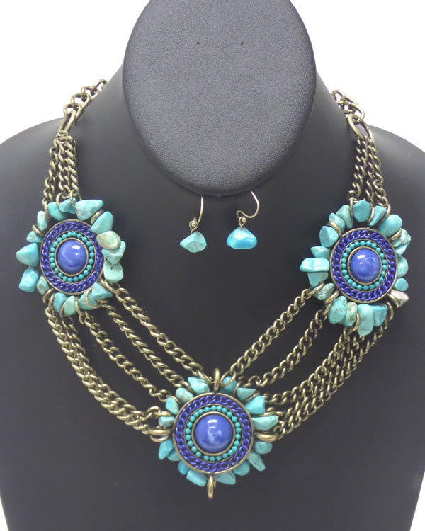 Triple genuine stone pendant link multi chain necklace set