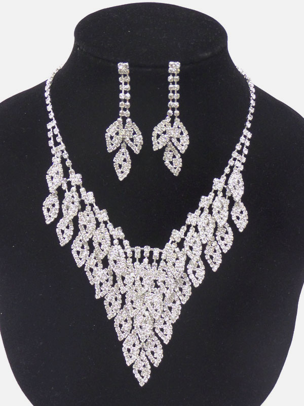 Multi rhinestone leaf drop statement necklace set