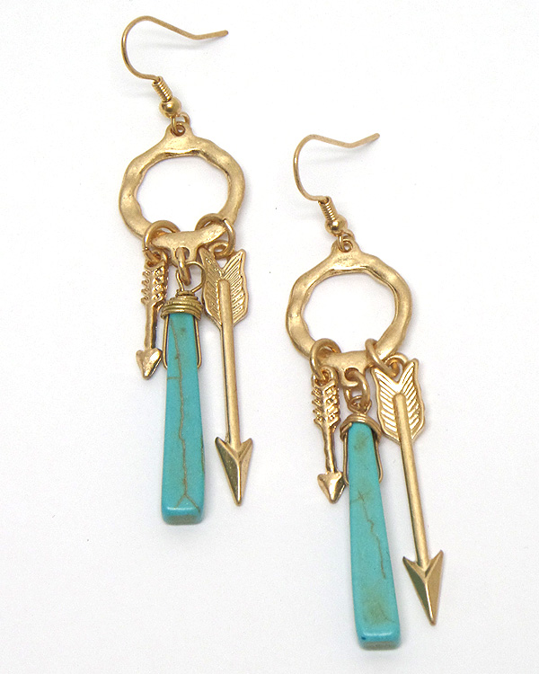 Metal fish hook charm turquoise stone earrings