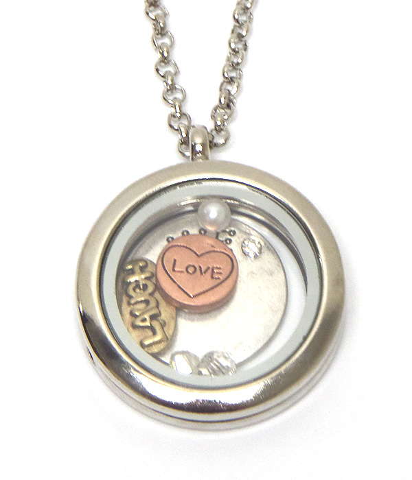 Origami style floating love charms inside locket pendant necklace