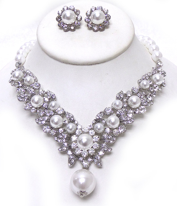 Luxury class victorian style pearl and austrian crystal  party necklace set