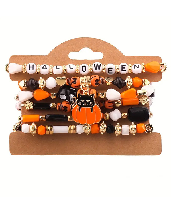 Halloween theme mix clay bead 6 stretch bracelet set - cat