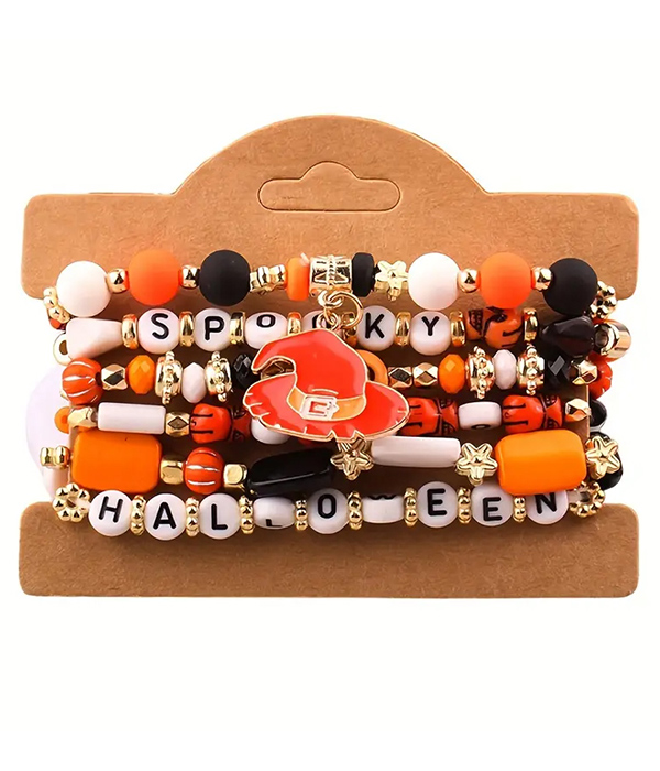 Halloween theme mix clay bead 6 stretch bracelet set - witch hat