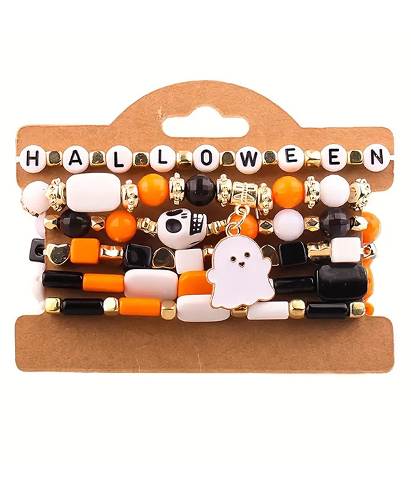 Halloween theme mix clay bead 6 stretch bracelet set - ghost