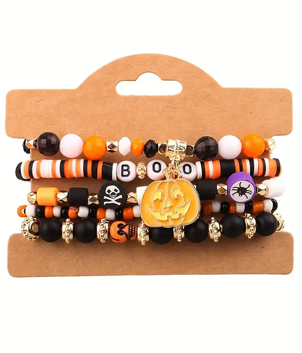 Halloween theme mix clay bead 5 stretch bracelet set - pumpkin