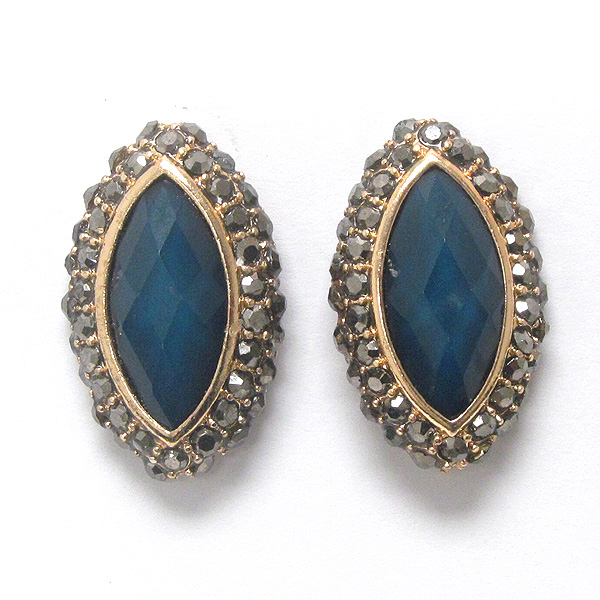 Crystal and facet oval stone button earring -pierce