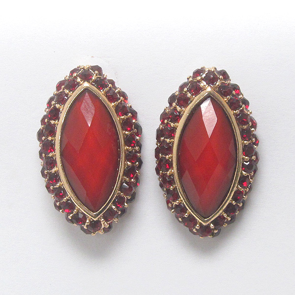 Crystal and facet oval stone button earring -pierce