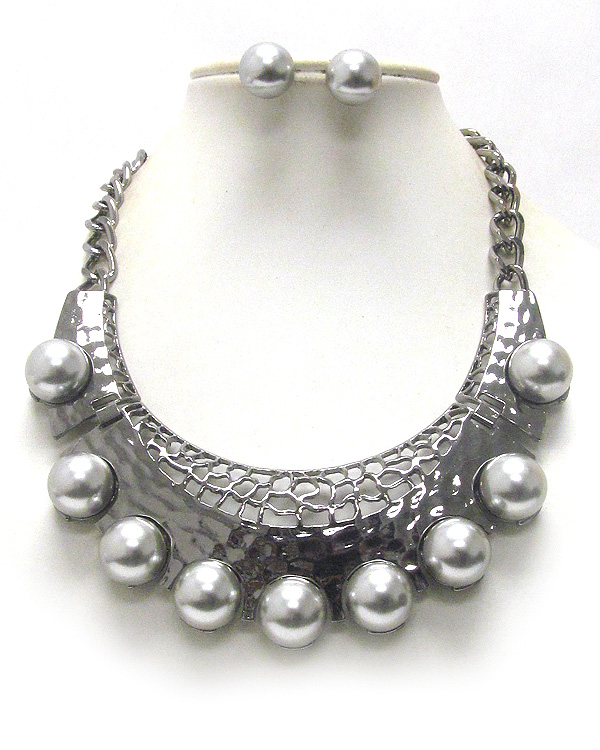 Chunky pearl stud metal art bib style statement necklace earring set
