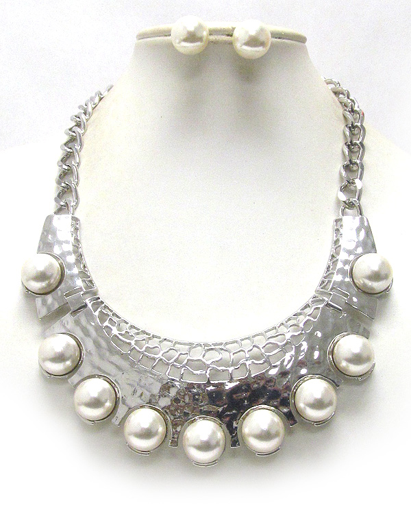 Chunky pearl stud metal art bib style statement necklace earring set