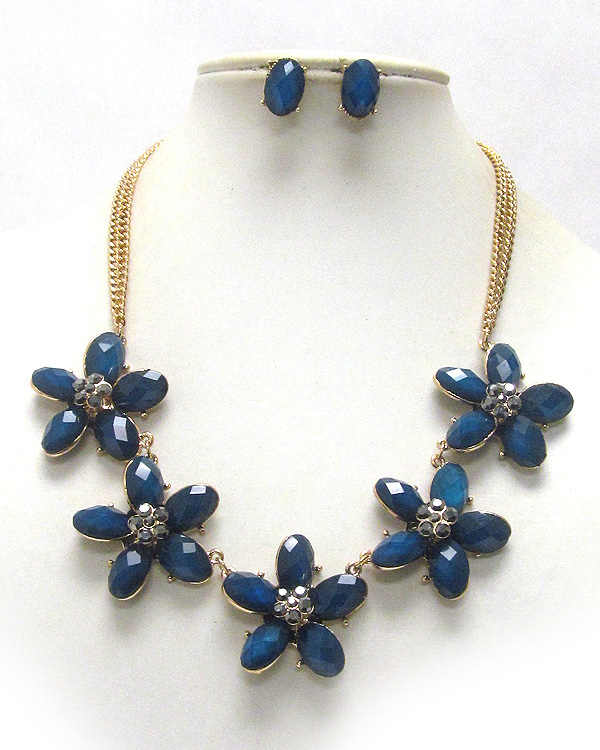 Crystal and glass stone five flower link necklace earring set