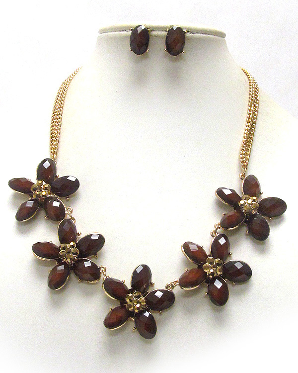 Crystal and glass stone five flower link necklace earring set