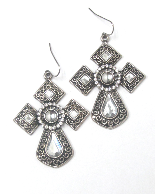Crystals fish hook cross earrings 