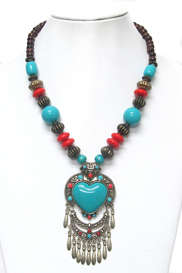 Tibetan silver texture and heart turquoise chunky necklace