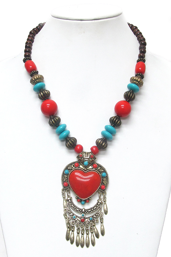 Tibetan silver texture and heart turquoise chunky necklace