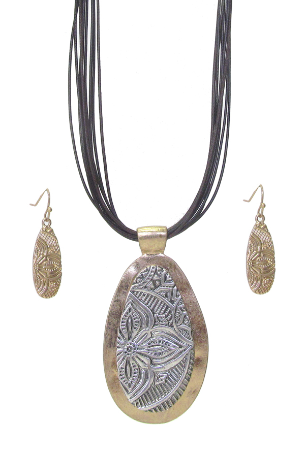 Flower textured metal teardrop and multi cord necklace set