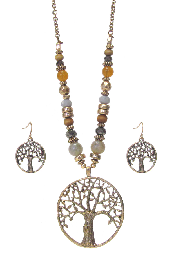 METAL FILIGREE TREE OF LIFE PENDANT AND MULTI BEAD CHAIN NECKLACE SET