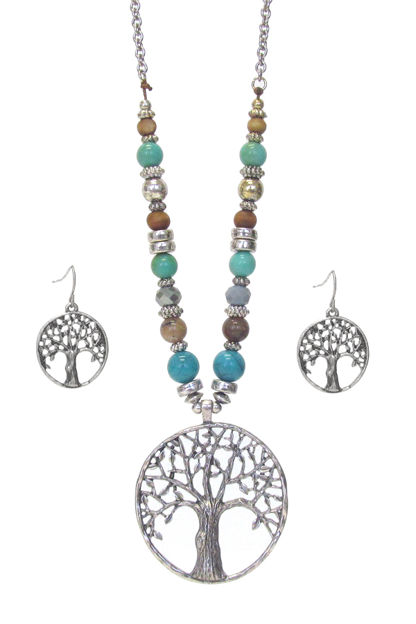 METAL FILIGREE TREE OF LIFE PENDANT AND MULTI BEAD CHAIN NECKLACE SET