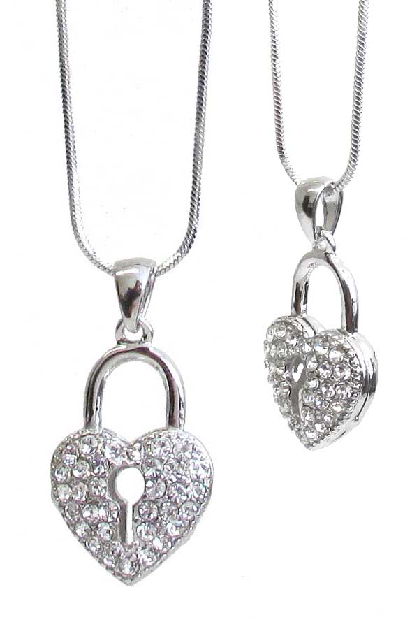 WHITEGOLD PLATING CRYSTAL PUFFY HEART LOCK PENDANT NECKLACE