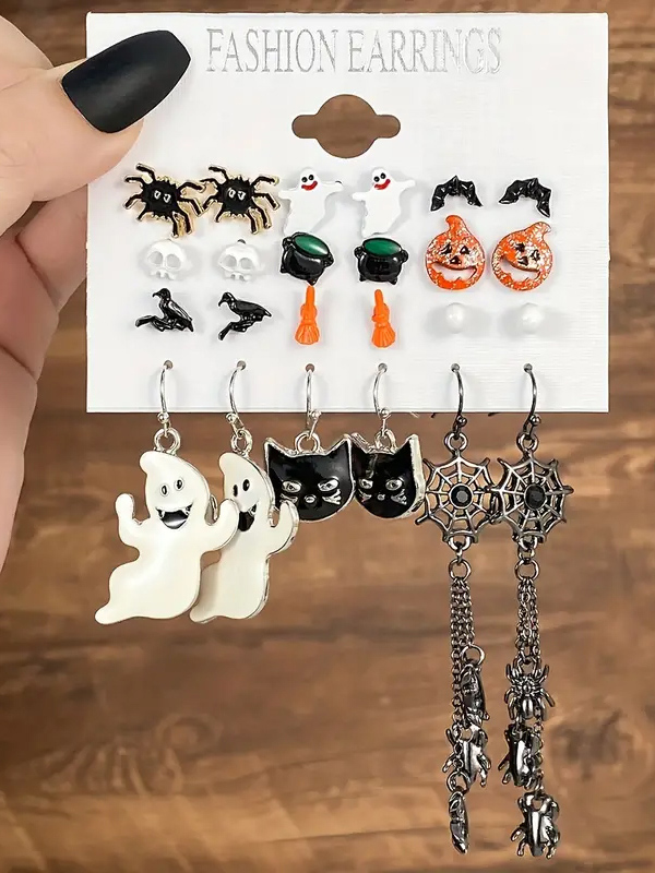 Halloween theme 12 pair earring set - spider ghost pumpkin