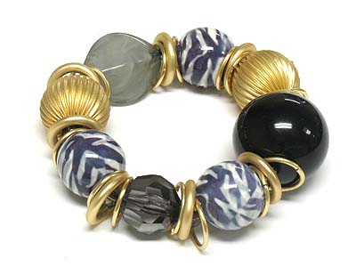 Animal skin pattern and metal ball link stretch bracelet