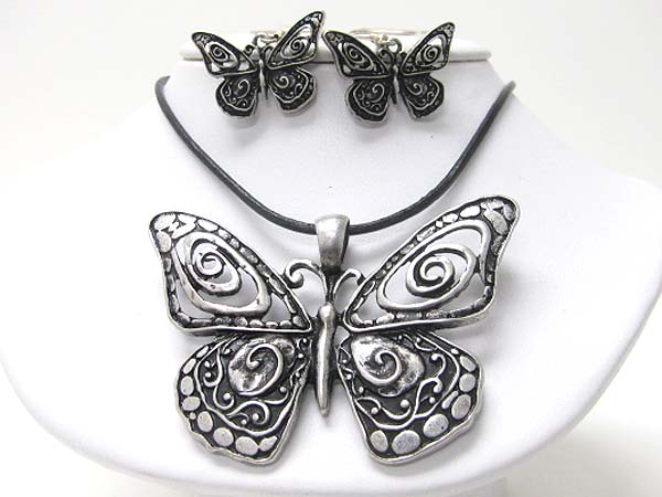 Burnish textured metal butterfly pendant necklace earring set
