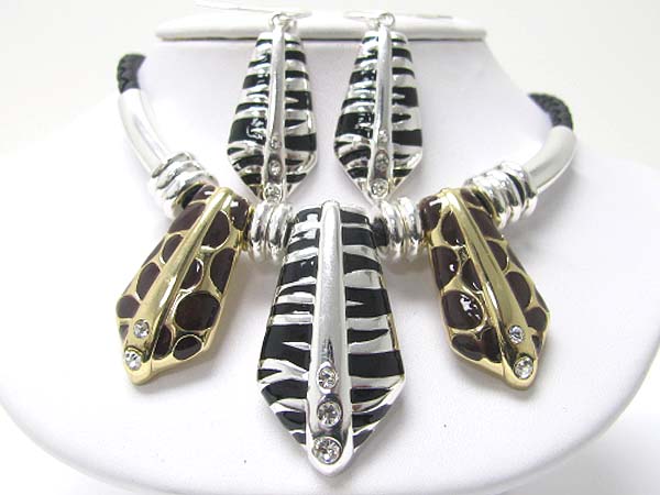 Tri crystal stud enamel animal print bar drop braided cord neckalce earring set