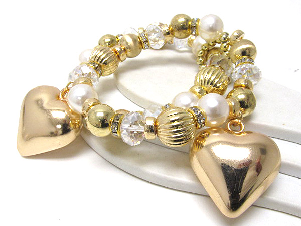 Three metal hearts with multi pearls crystal glass and metal balls stretch bracelet