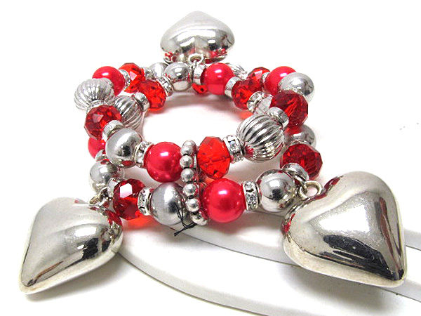 THREE METAL HEARTS WITH MULTI PEARLS CRYSTAL GLASS AND METAL BALLS STRETCH BRACELET -valentine
