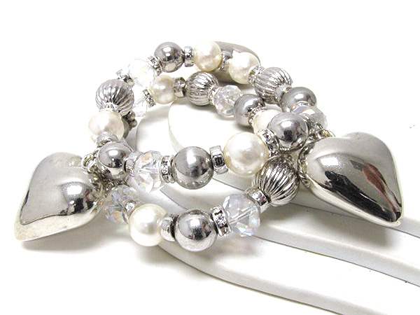 Three metal hearts with multi pearls crystal glass and metal balls stretch bracelet