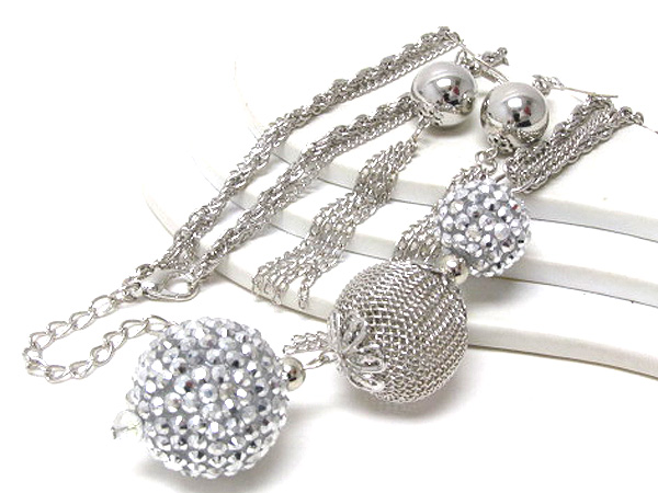 CRYSTAL FIREBALLS AND MESH BALL LONG CHAIN NECKLACE EARRING SET