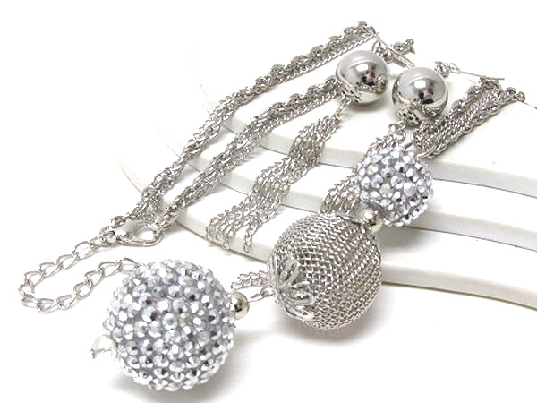 Crystal fireballs and mesh ball long chain necklace earring set