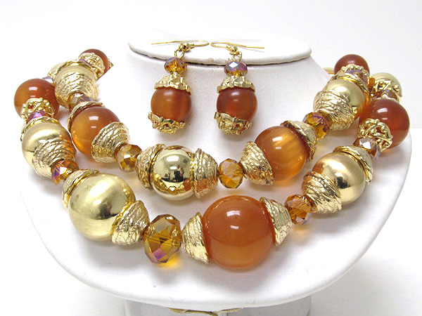 Double layer multi fashion glass balls and metal balls with crystal glass drop chain necklace earring set