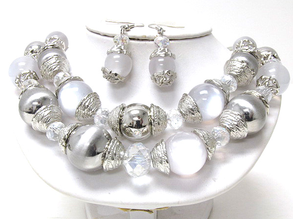 Double layer multi fashion glass balls and metal balls with crystal glass drop chain necklace earring set