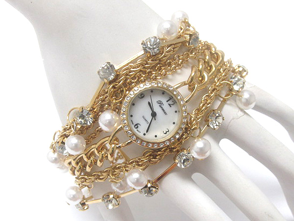 Multi crystal and multi pearl with multi fashion chain crystal deco face fashion watch