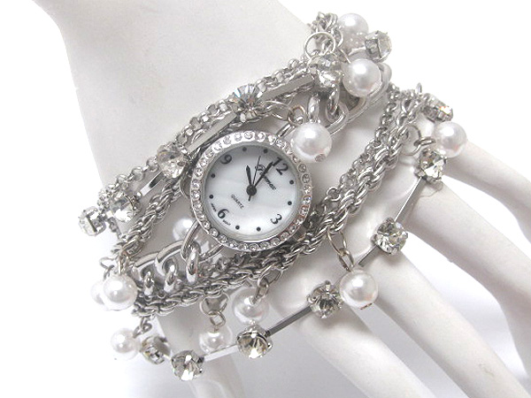 Multi crystal and multi pearl with multi fashion chain crystal deco face fashion watch