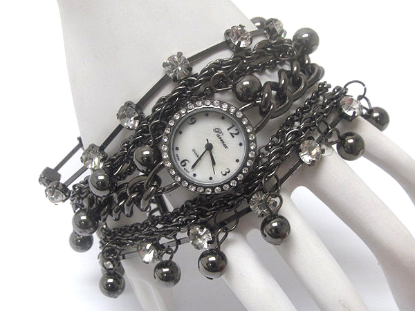 Multi crystal and multi pearl with multi fashion chain crystal deco face fashion watch