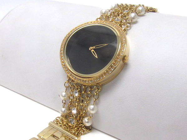 CRYSTAL ROUND DOME FACE AND MULTI CRYSTAL CHAIN WITH PEARL FASHION WATCH