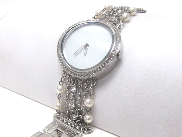 Crystal round dome face and multi crystal chain with pearl fashion watch