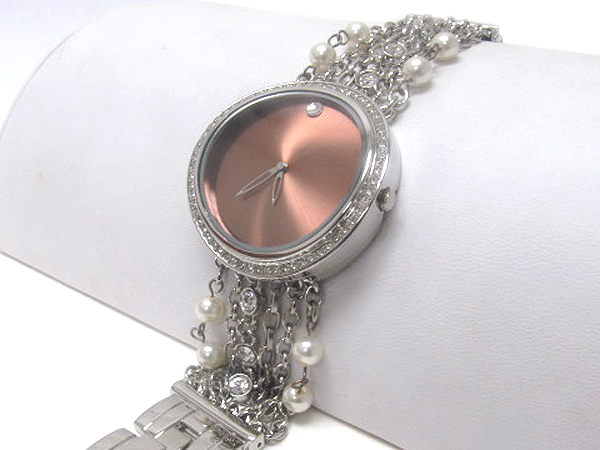 CRYSTAL ROUND DOME FACE AND MULTI CRYSTAL CHAIN WITH PEARL FASHION WATCH