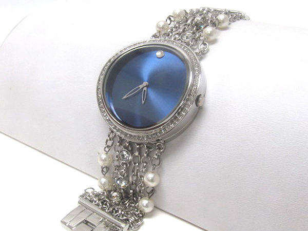 Crystal round dome face and multi crystal chain with pearl fashion watch