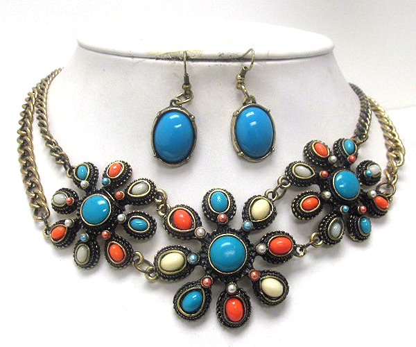 Multi small pearls and acryl stone with textured metal flower double chain necklace earring set