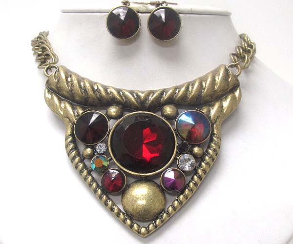 Multi size crystal burnish textured metal triangle link chain necklace earring set